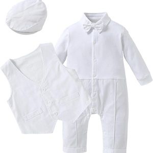 HOSUKKO Baby Boy Suit, One-Piece Romper & Vest & Beret & Bowtie Size 12 to 18